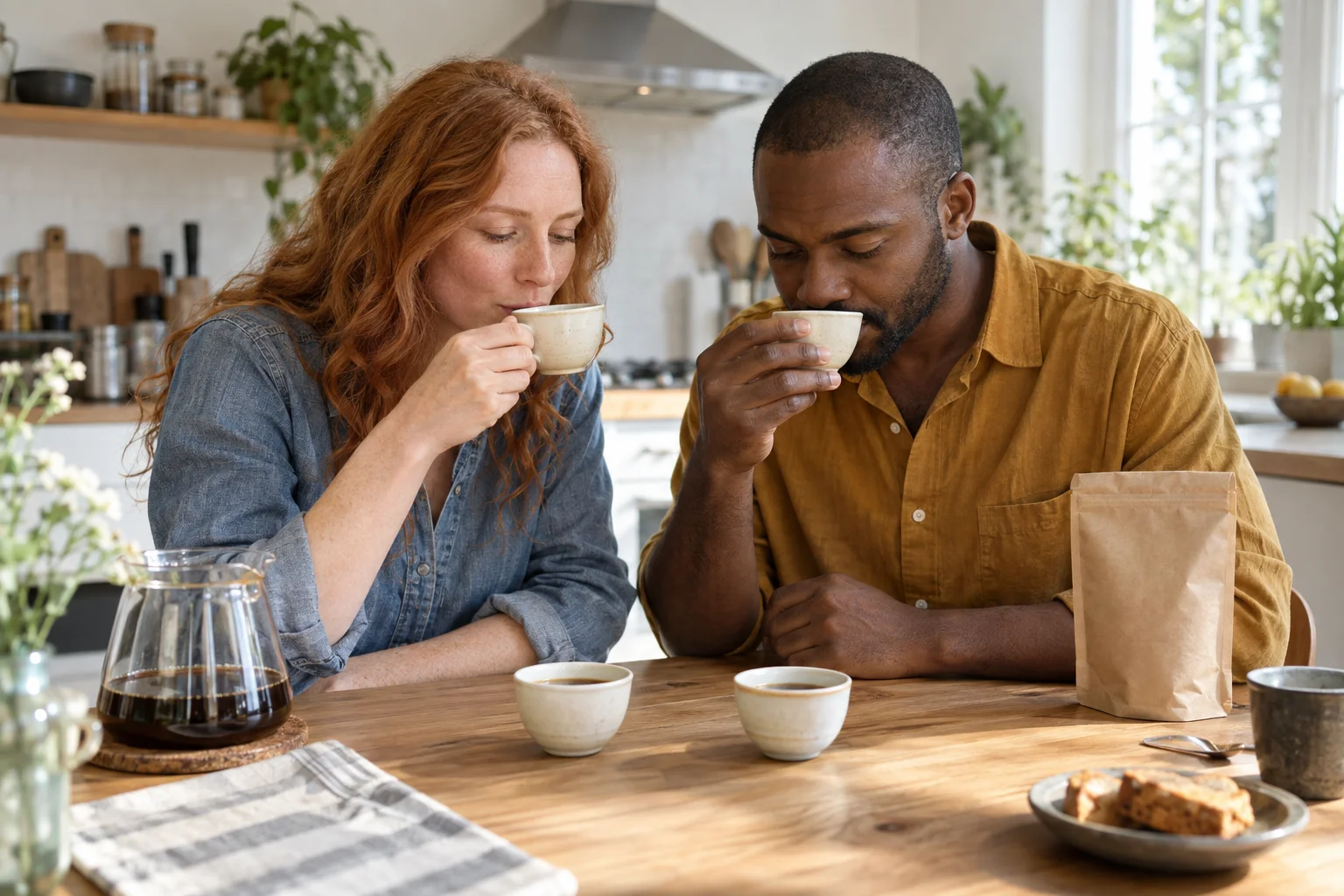 Two friends comparing the aroma and flavor of several cups of coffee