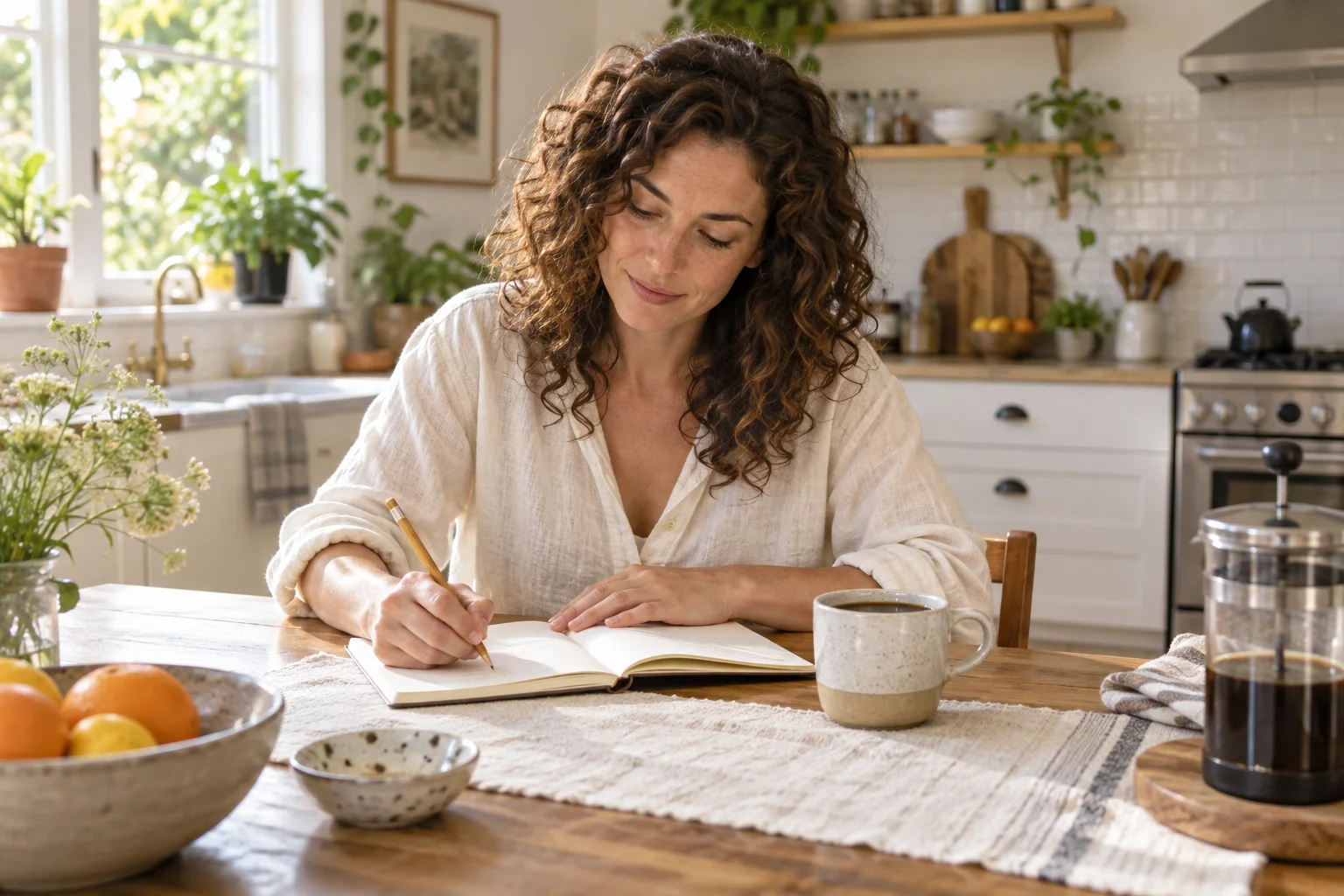 A woman recording coffee notes at a bright kitchen breakfast table