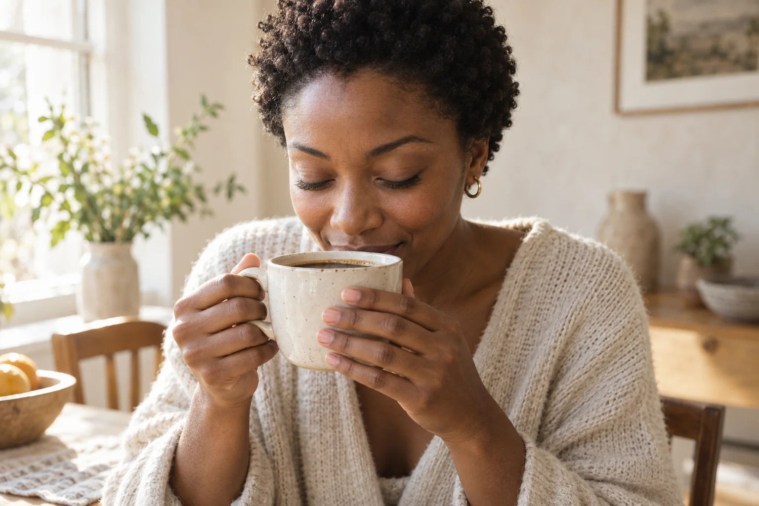 A woman thoughtfully smelling and tasting a ceramic cup of coffee