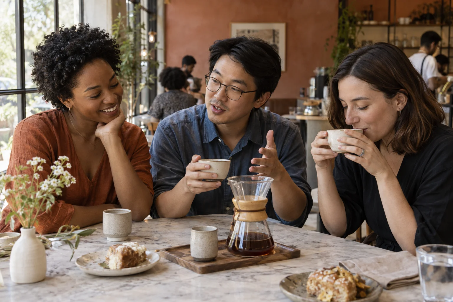 Three friends comparing and enjoying coffee together at a café