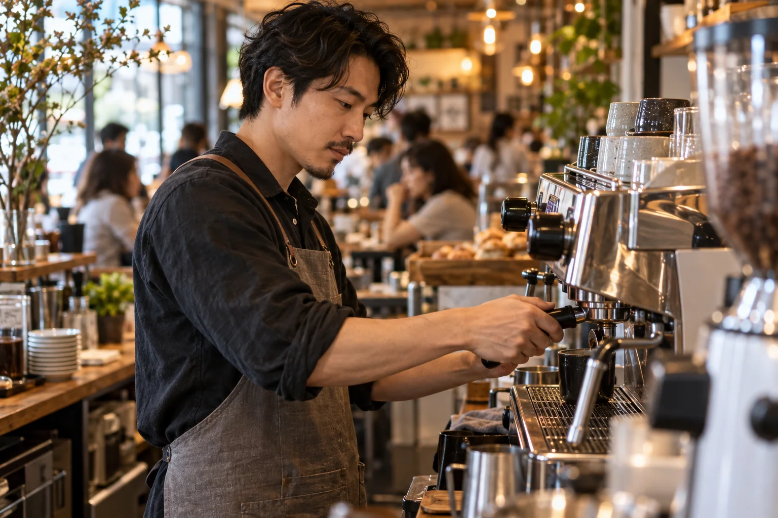 A barista working at an espresso machine in a neighborhood café