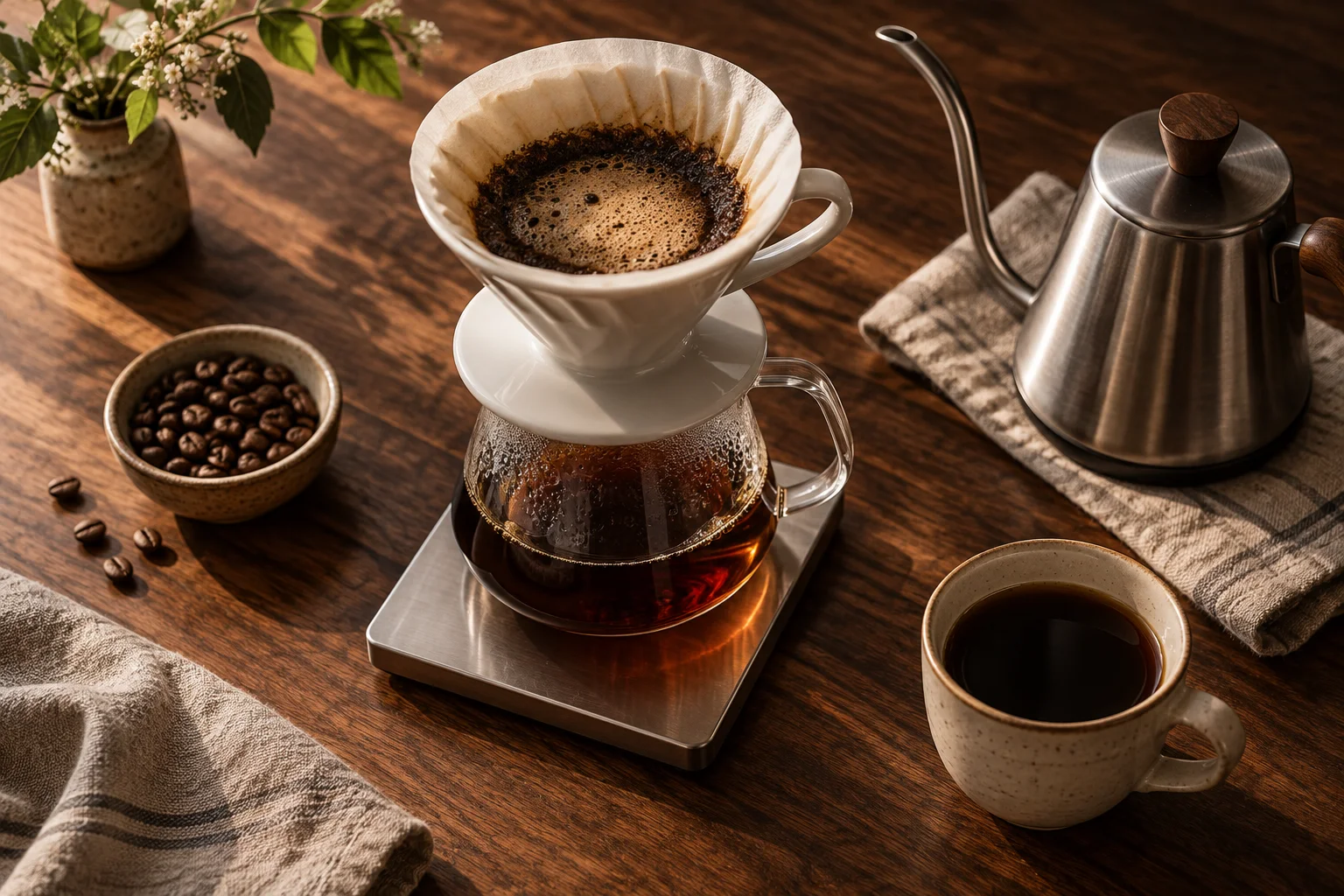 Coffee brewing still life for What James Hoffmann’s Brewing Guides Teach Us About Repeatable Coffee