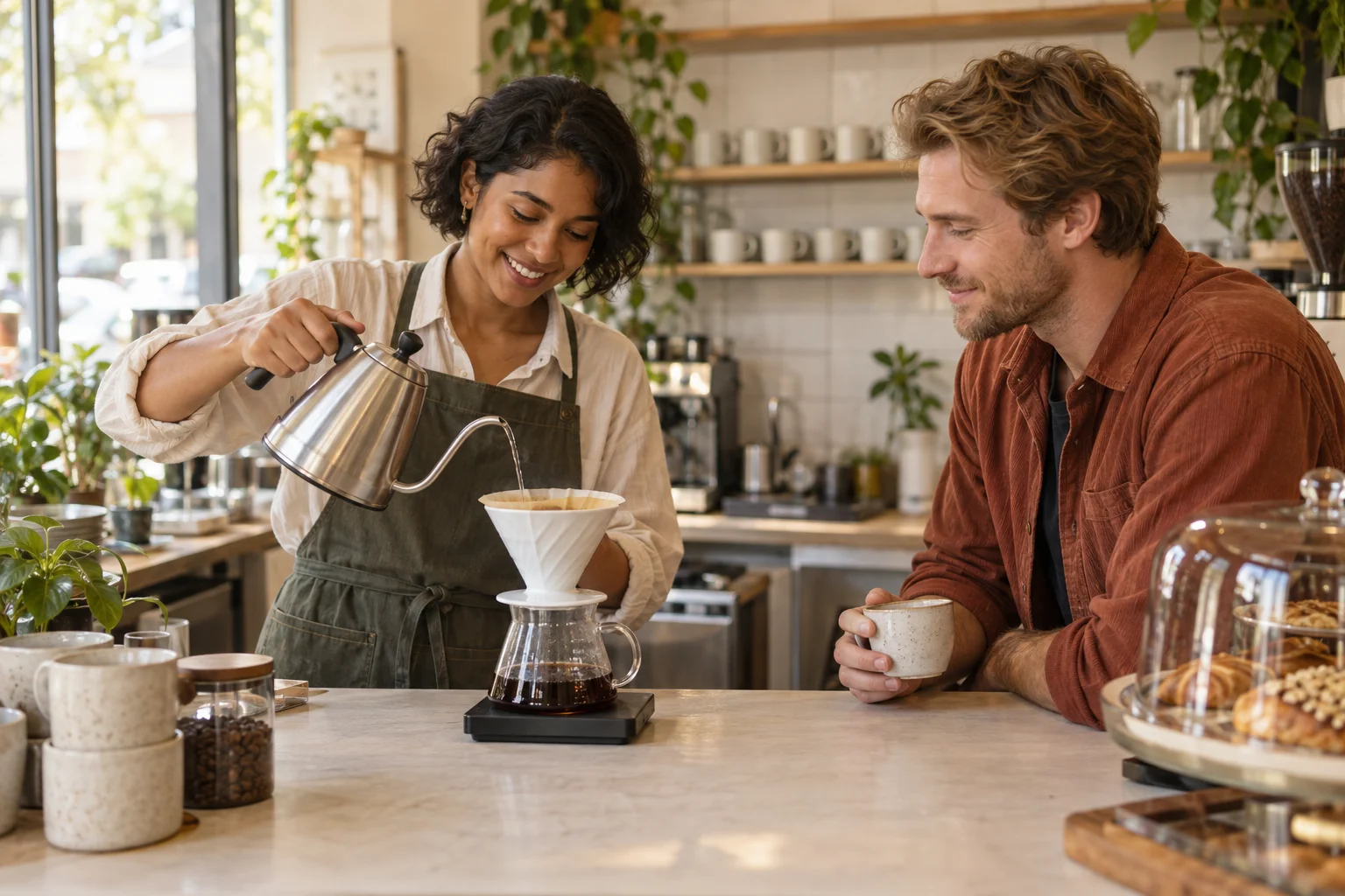 A café barista preparing pour-over coffee for a customer across the counter