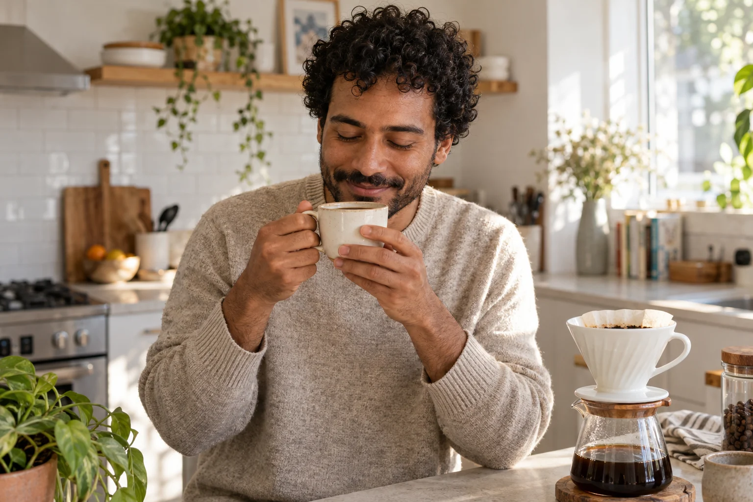 A home brewer enjoying the aroma of a freshly brewed cup