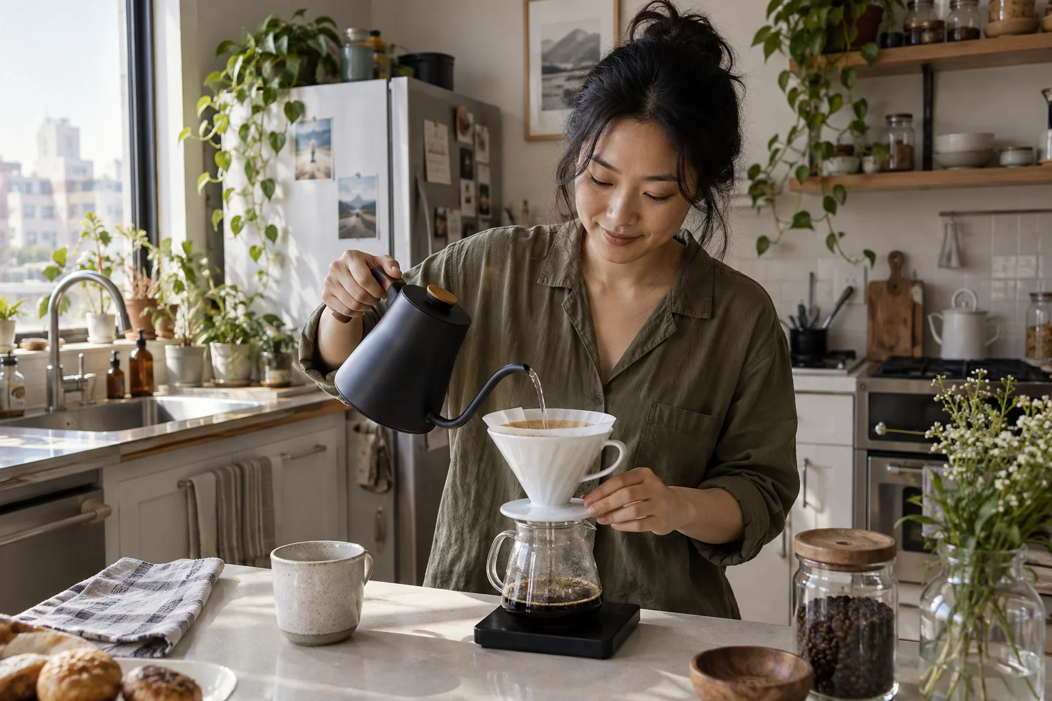 A woman making a morning pour-over in her apartment kitchen