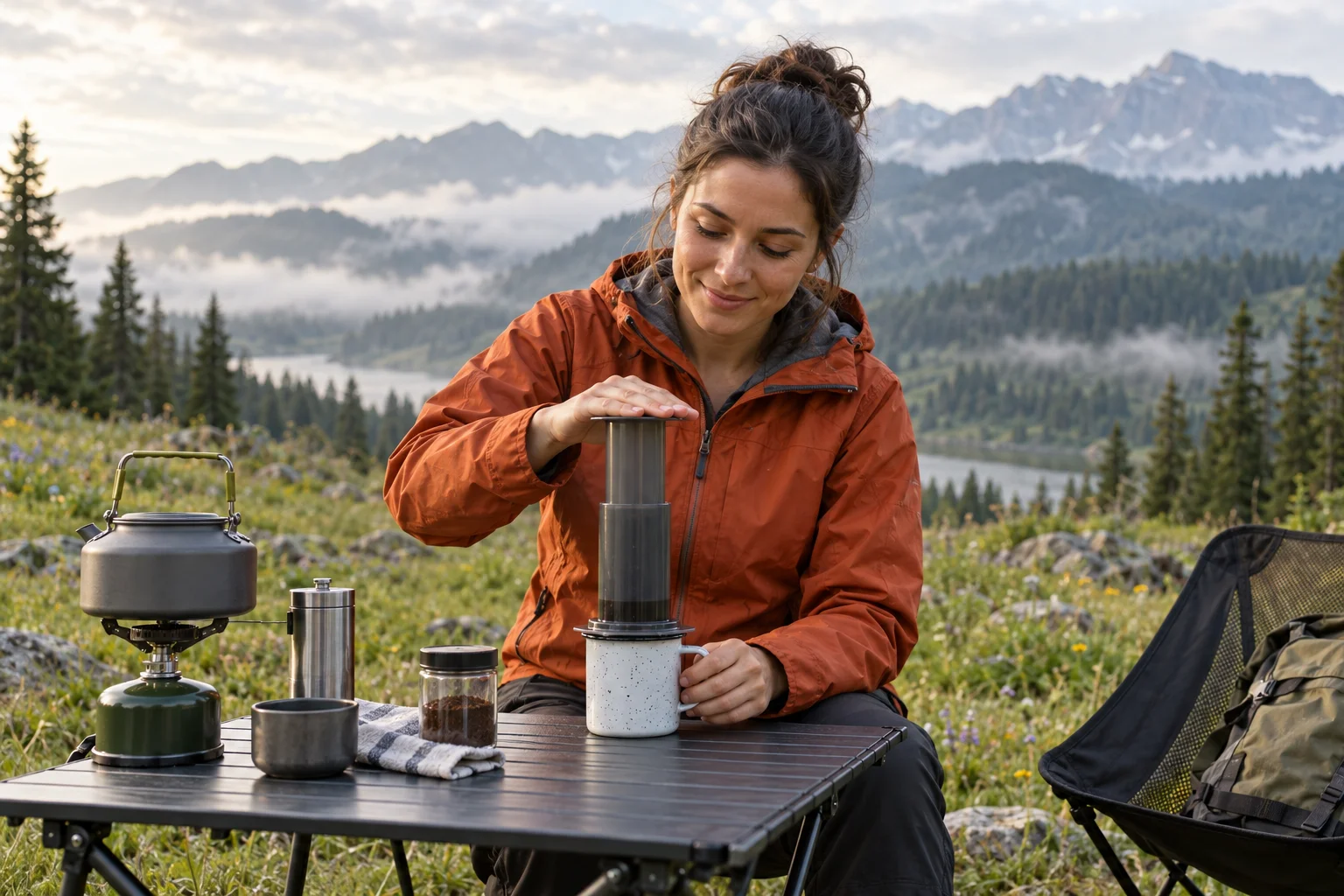 A hiker preparing AeroPress coffee at an outdoor mountain table