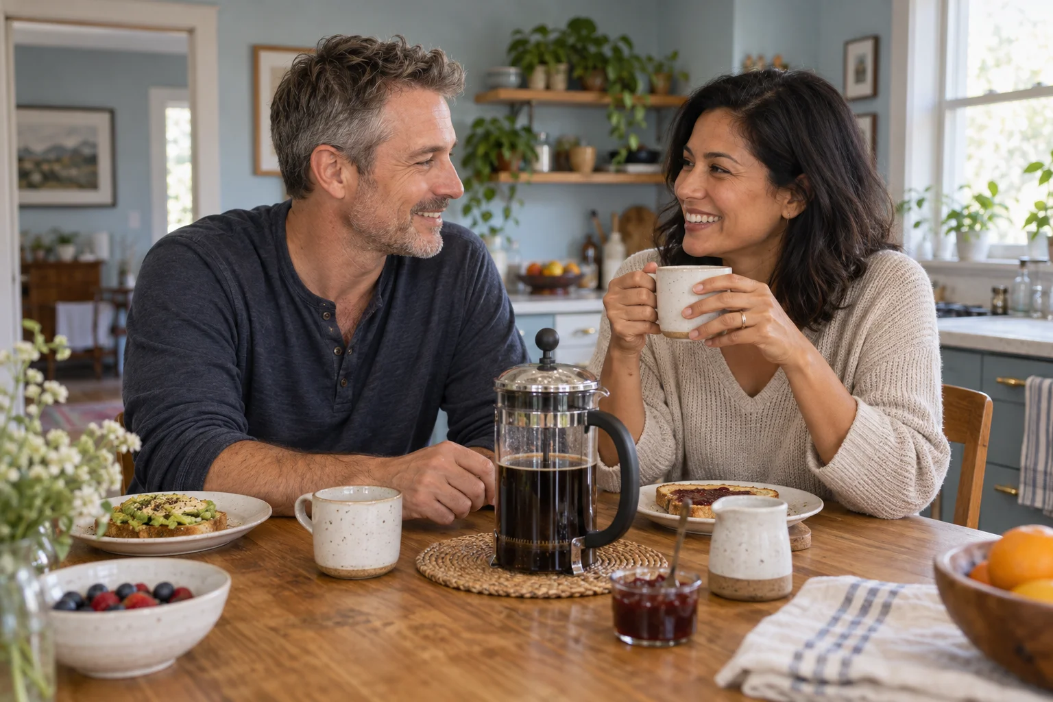 Two people sharing French press coffee over breakfast at home