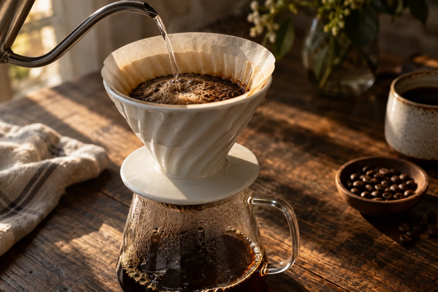 Coffee brewing still life for How to Track a V60 Brew: From Bloom to Final Drawdown