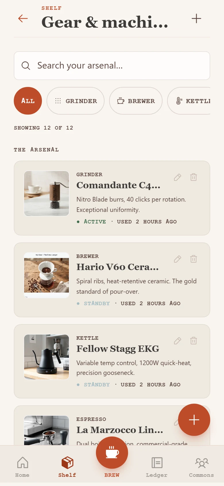 Saved coffee brewing equipment in BrewTrax