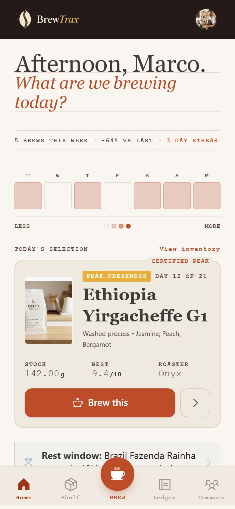 BrewTrax home with coffee activity and shortcuts