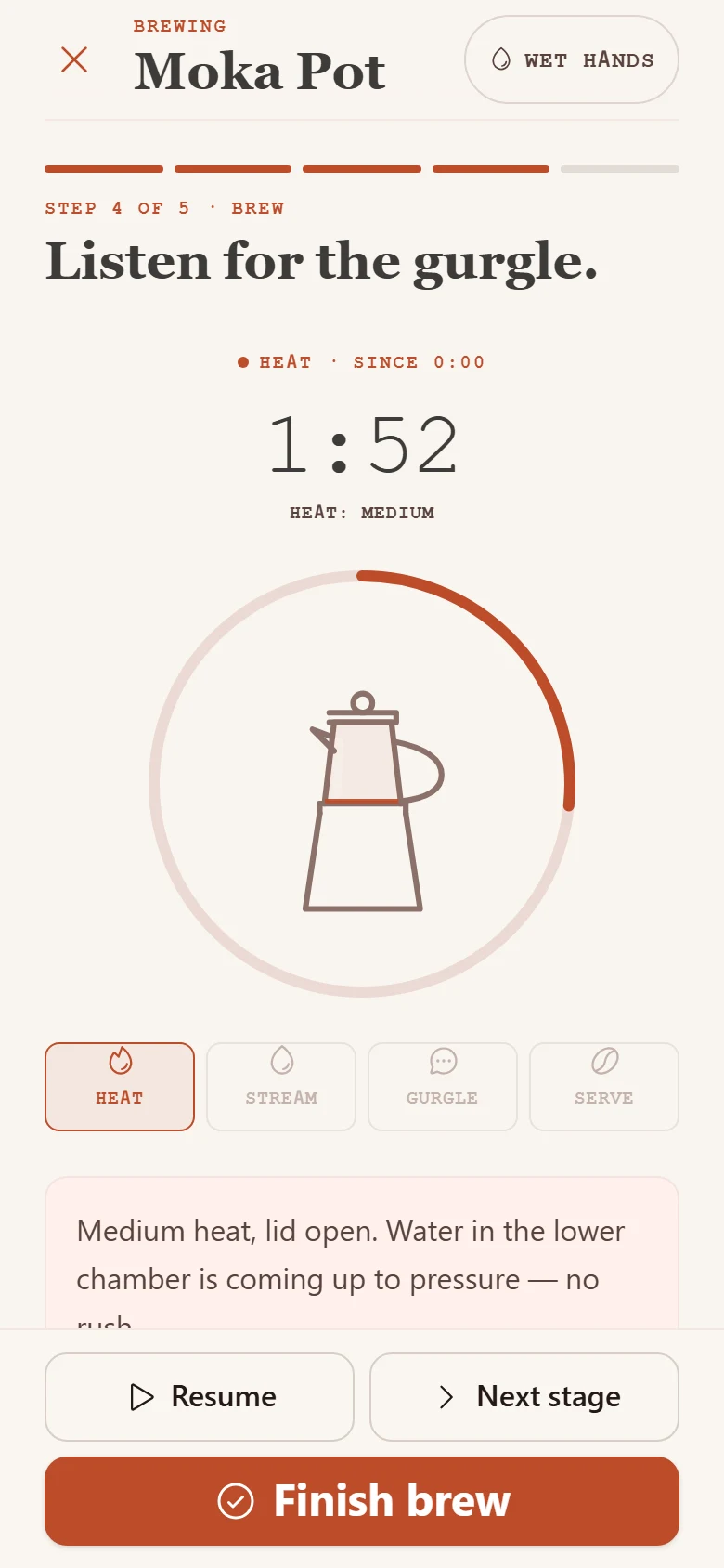 Moka pot brewing timer in BrewTrax