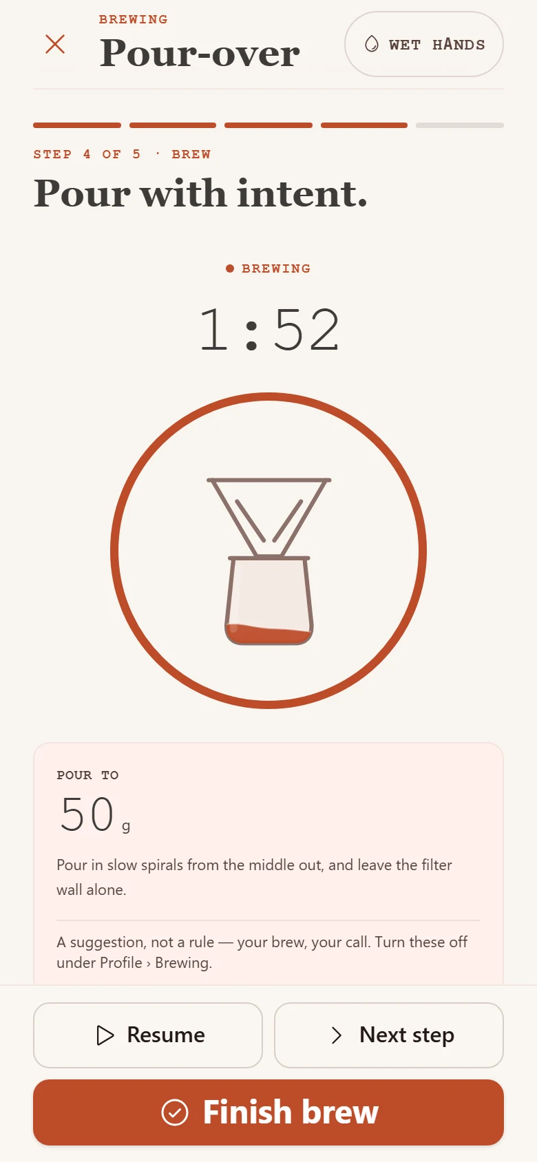 Active pour-over timer and brewing steps in BrewTrax