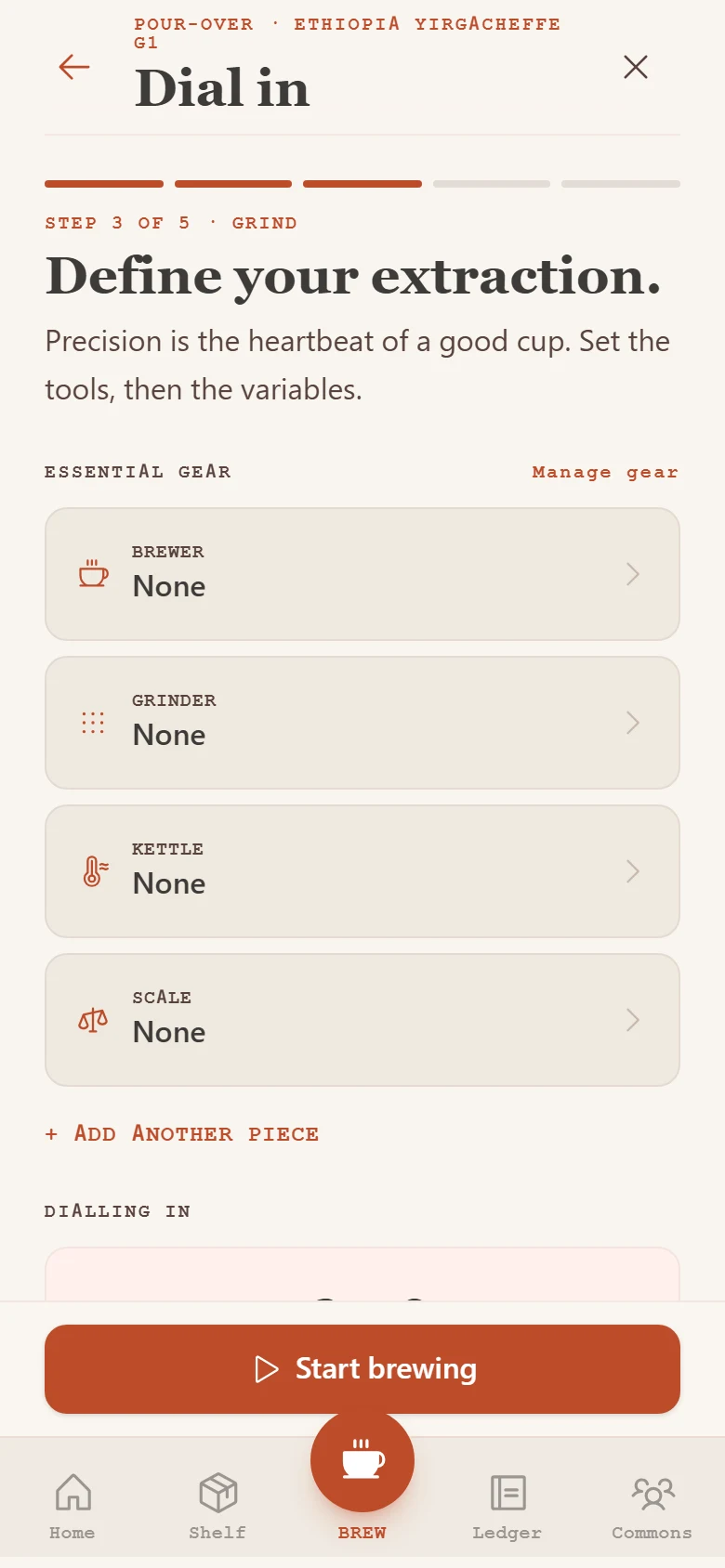 Coffee recipe setup with editable brewing variables