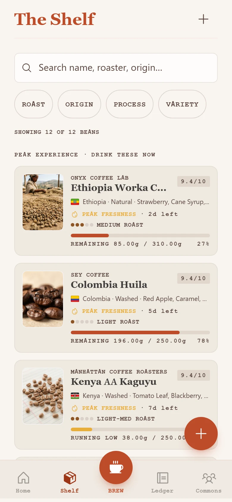 BrewTrax bean shelf with coffee and freshness context