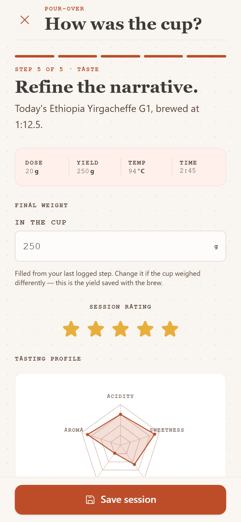 Coffee tasting notes and rating screen in BrewTrax